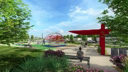 Rendering of the future Hedge Park featuring benches and shade. 