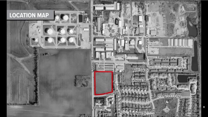 Black and White map of a section of the west side of the City of Champaign with a Red outline of the property being discussed. 
